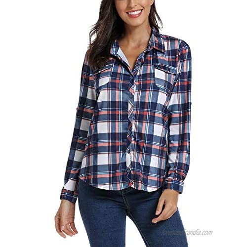 EXCHIC Women's Button Down Plaid Shirts Long Sleeve Flannel Blouses Tunics