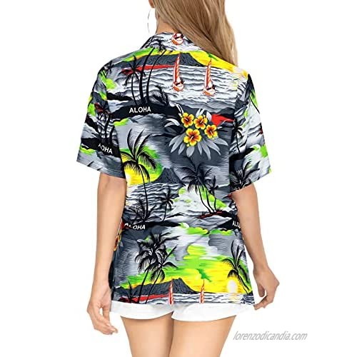 LA LEELA Women Summer Surfing Beach Print Tie-up Hawaiian Shirt XL Grey AA493