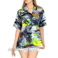 LA LEELA Women Summer Surfing Beach Print Tie-up Hawaiian Shirt XL Grey_AA493