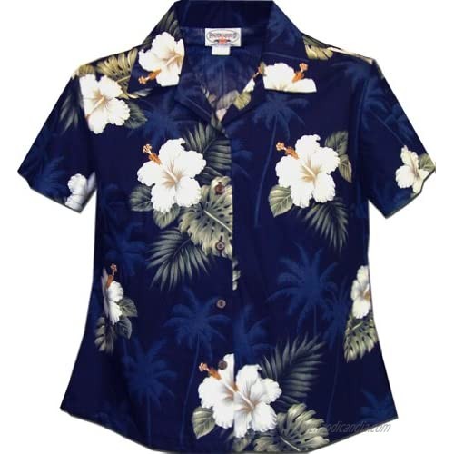 Ladies Aloha Shirts Hibiscus Island Navy