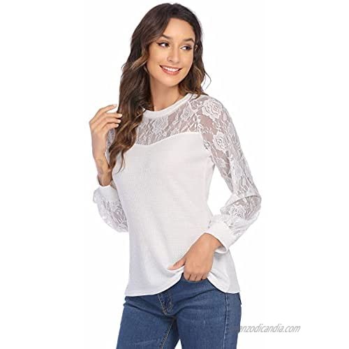 Leaduty Womens Waffle Knitted Fabric Tops and Long Sleeve Blouses Casual Lace Shirts Tunics