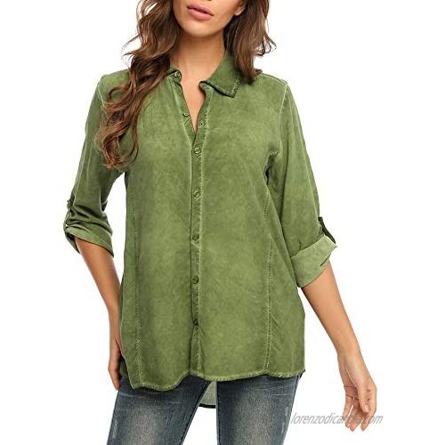 MACLLYN Women Casual V Neck Button Down Blouse Long Sleeve Button Down Roll Up Cuffed Sleeve