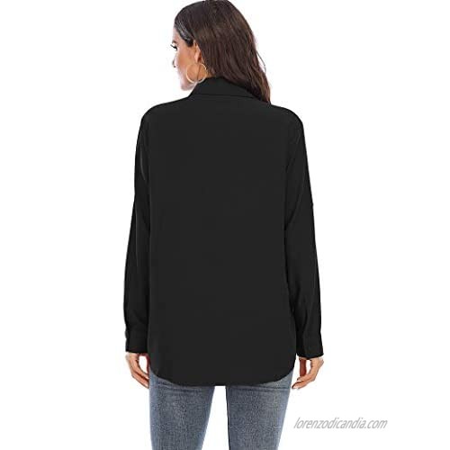 MANAIXUAN Womens Casual Loose Roll-up Sleeve Blouse Pocket Button Shirt