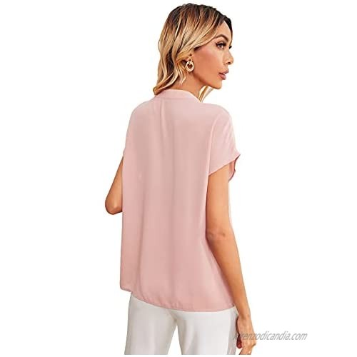 Milumia Women's Casual Notched V Neck Fold Pleated Short Sleeve Work Office Blouse Top