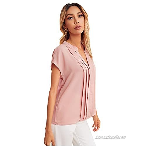 Milumia Women's Casual Notched V Neck Fold Pleated Short Sleeve Work Office Blouse Top