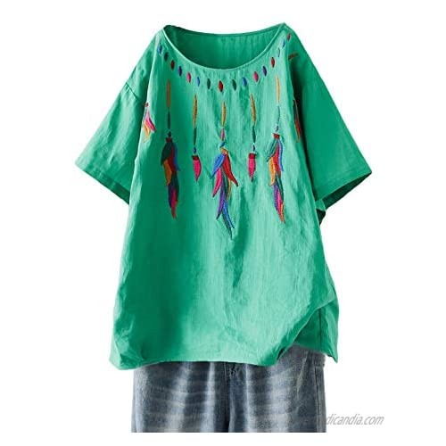 Minibee Women's Boho Embroidered Tops Short Sleeve Bohemian Linen Shirts Casual Mexican Blouses