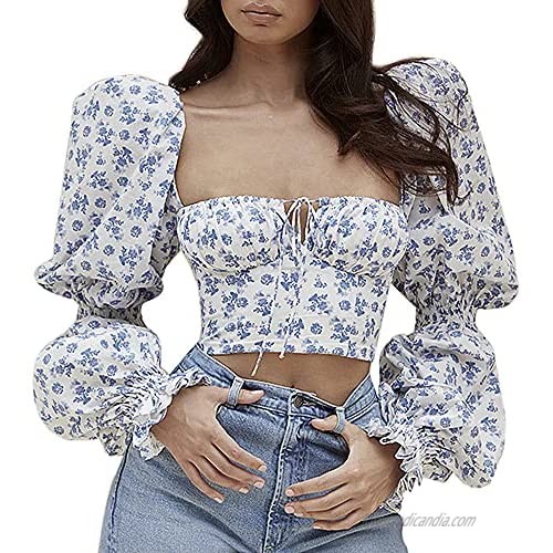 Murfhee Women's Floral Print Sweet Square Neck Long Puff Sleeve Ruched Crop Top Party Blouse