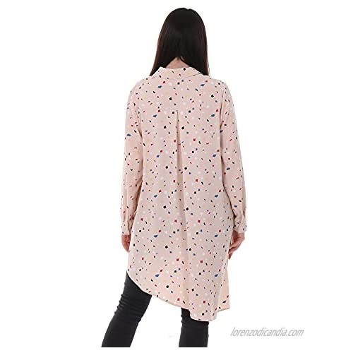 N C Women's Lapel Irregular Design Mid-Length Loose Chiffon Printed Long Sleeve Shirt
