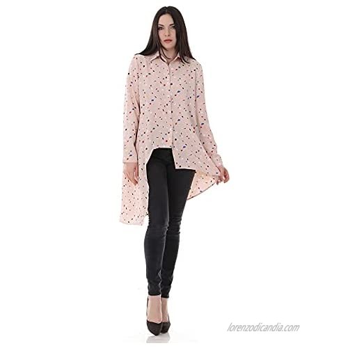 N\C Women's Lapel Irregular Design Mid-Length Loose Chiffon Printed Long Sleeve Shirt