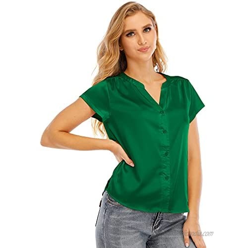 ouslee Women's Short-Sleeve Satin Blouse V Neck Silk Button Down Shirts Tops for Women