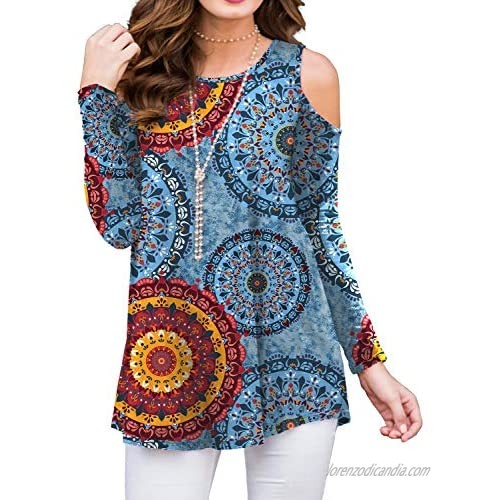 PrinStory Women's Long Sleeve Floral Print Casual Cold Shoulder Tunic Tops Loose Blouse Shirts Floral Print Mix Blue-US Small