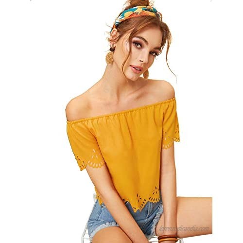 Romwe Women's Short Sleeve Off Shoulder Hollow Out Solid Crop Blouse Top