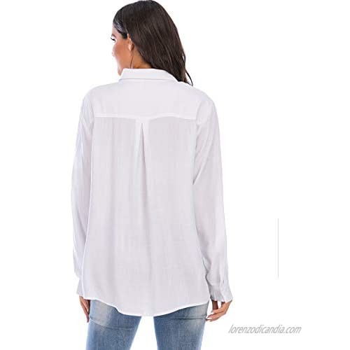 SHURONG Womens Cotton Slub Twill Long Roll Up Sleeve Button Down Shirt Button Front Tunic