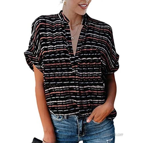 Sidefeel Women Printed V Neck Cuffed Sleeve Shirt Loose Casual Blouse Tops