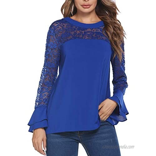 SoTeer Lace Top Women's 3/4 Ruffle Bell Sleeve Blouse Boatneck Chiffon Tops S-XXL