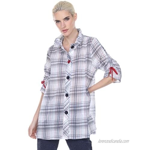 Terra-Sj Apparel Women Tops and Blouses - 100% Cotton 3/4 Length Sleeve Womens Tops with a Convertible-Shapeable Collar