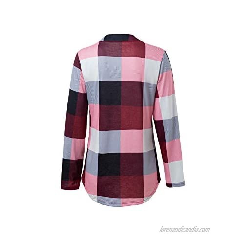 Womens 3/4 Cuffed Sleeve Plaid Shirt Tunic Casual Loose Roll-Up Sleeve V Neck Pullover Blouses Tops