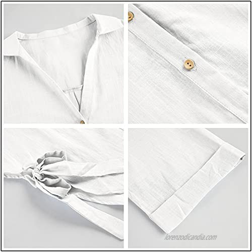 Womens Oversized Button Down Shirts Linen Cotton Blouse 3/4 Sleeve Roll Up V Neck Drawstring Shirt Plain Tops