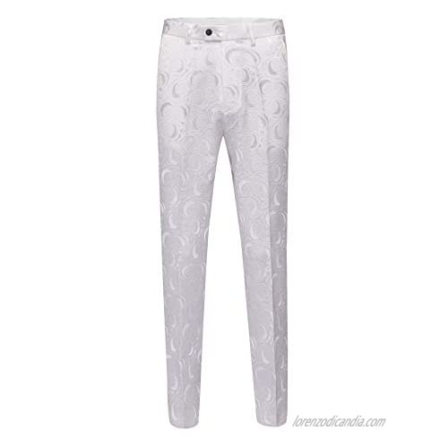 Botong Men's Modern Fit White Floral Dress Pants Wrinkle-Free Stretch Flat Front Casual Pants Comfort Suit Pant