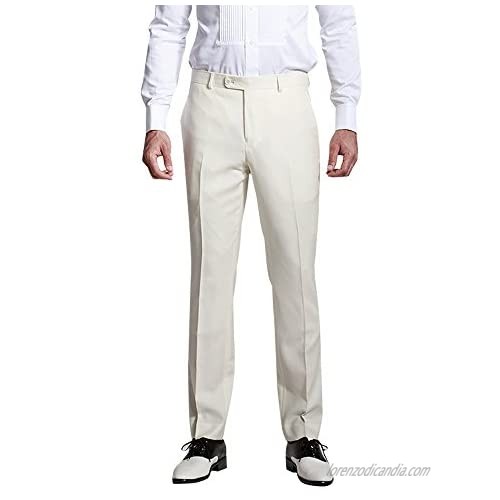 HBDesign Mens Formal Flat Front Straight Iron Free Trousers Milk White