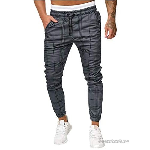 Men Casual Plaid Pants Stretch Flat-Front Skinny Dress Elastic Waist Long Pencil Pants Trousers (Gray A  M)