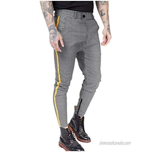 Men Casual Plaid Pants Stretch Flat-Front Skinny Dress Elastic Waist Long Pencil Pants Trousers (Gray C  XL)