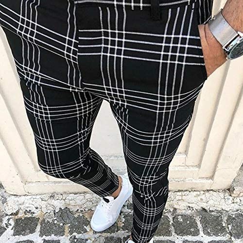 Mens Check Skinny Business Trousers Formal Work Casual Suit Dress Slim Fit Pants