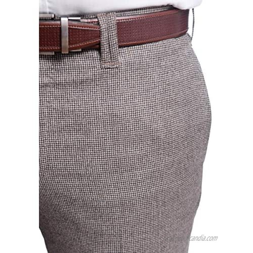 Napoli Slim Fit Brown Houndstooth Flat Front Wool Dress Pants