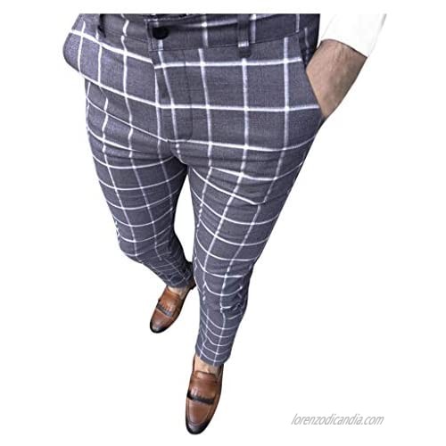 Sumen Men Casual Business Slim Fit Plaid Print Zipper Long Pants Flat-Front Skinny Dress Pants