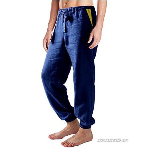 FASKUNOIE Men's Linen Cotton Pants Breathble Lightweight Patchwork Trousers with Three Pockets