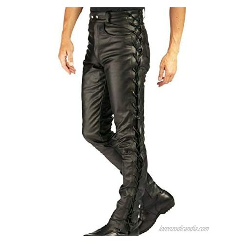 III-Fashions Men's Real Stylish Motorcycle Bikers Pants Styles Laces Up Leather Pants