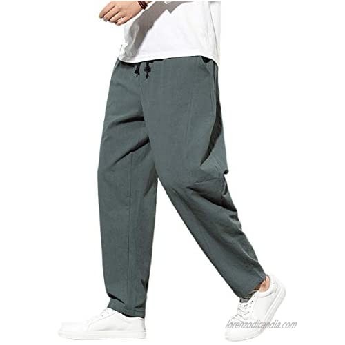 INVACHI Mens Linen Cotton Relax Fit Elastic Waist Drawstring Trousers Beach Yoga Causal Pants