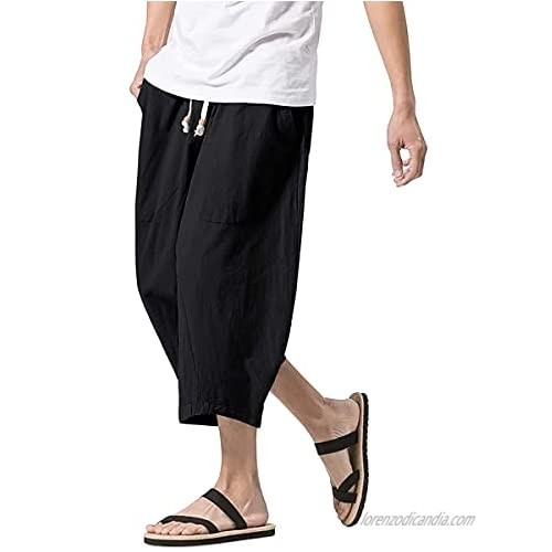 Pishon Men's Baggy Linen 3/4 Harem Pants Wide Leg Summer Beach Shorts