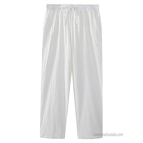 qingduomao Men's Summer Loose Fit Linen Pants Casual Drawstring Waist Straight-Legs Lightweight Beach Pant