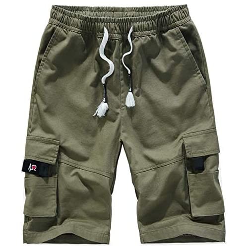 GARMOY Men's Casual Elastic Waist Lightweight Multi-Pockets Twill Cargo Shorts Outdoor