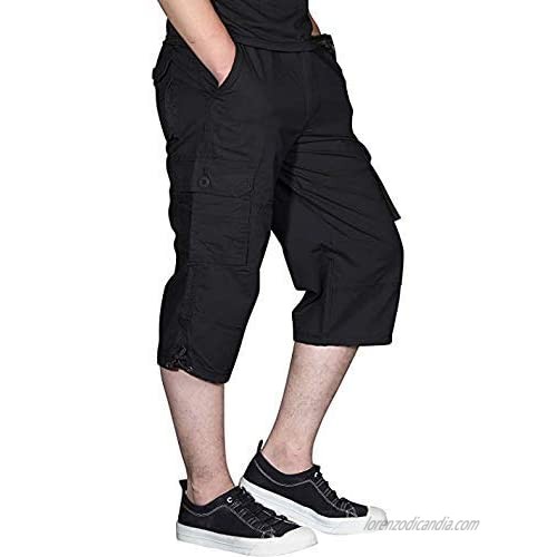 Ivnfout Men's Casual Twill Elastic Cargo Shorts Below Knee Loose Fit Multi-Pocket Capri Long Shorts