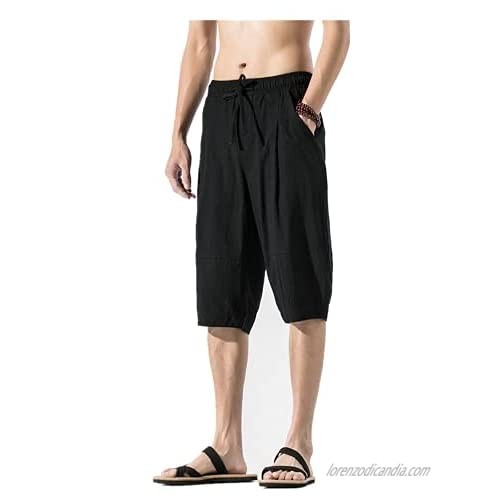 Men's Casual Shorts Linen Yoga 3/4 Capri Pants Elastic Waist Gym Sports Hiking Baggy Shorts Pants with Pockets