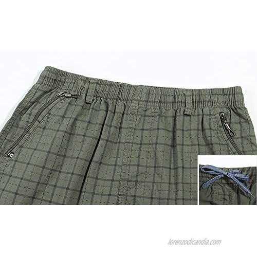 chouyatou Men's Summer Elastic Waist Straight Cotton Dashed Plaid Bermuda Shorts