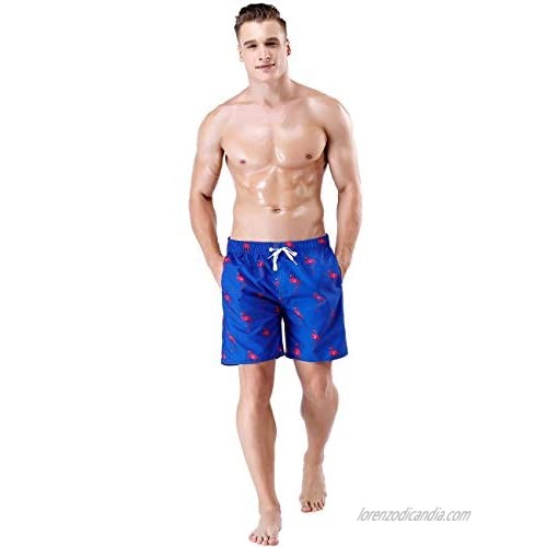 QRANSS Men's Board Shorts Mesh Lining Quick Dry Swim Trunks Flamingo Swimwear Drawstring Stripes Beach Shorts