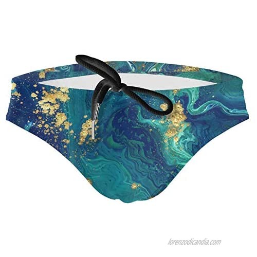 KXT Light Blue and Gold Marble Mens Bikini Swimsuit Boxer Brief Underwear Drawstring Swimming Trunks
