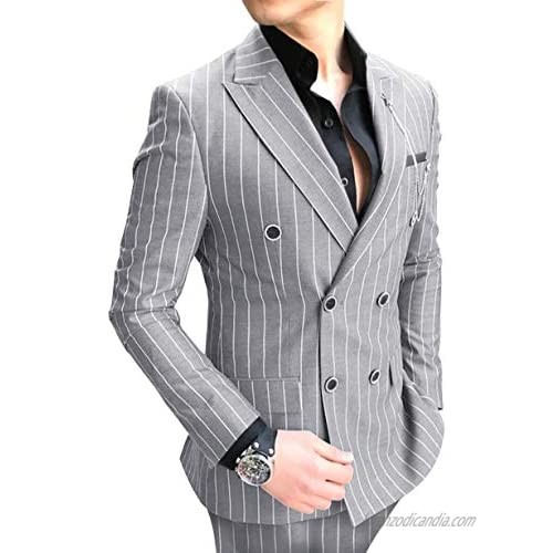 Aesido Casual Men's Suit Slim Fit 2 Piece Business Striped Wool Double Breasted Jacket Prom Tuxedos Blazer Pants