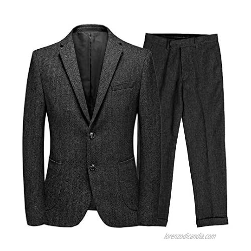 Aesido Men's Suits Regular Fit 2 Piece Business Jacket Double Buttons Herringbone Wool Tweed Prom Tuxedos Blazer+Pants