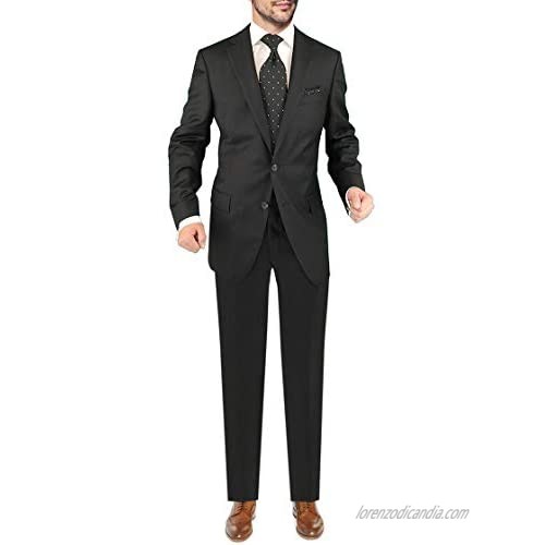 DTI Men's Two Button Business Suit Nano Luxury Stretch 100% Wool 2 Piece Black