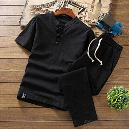 FORUU Cotton and Linen Fashion Suit for Men 2020 Summer New Short Sleeve Shirts with Long Pants Joggers Comfort Suit