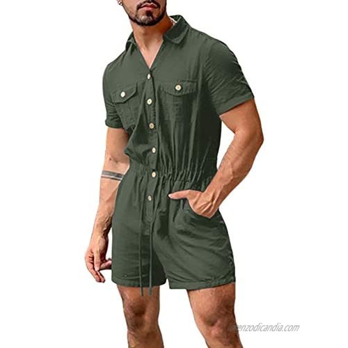 Karlywindow Mens Romper Jumpsuit Short Sleeve One Piece Button Down Summer Casual Coverall Shorts with Pockets