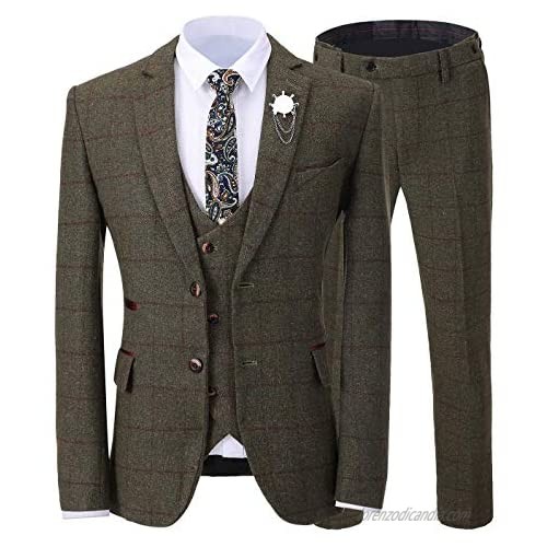 Men's 3 Pieces Formal Tweed Mens Suit Slim Fit Plaid Tuxedos for Wedding Groomsmen(Blazer+Vest+Pant)