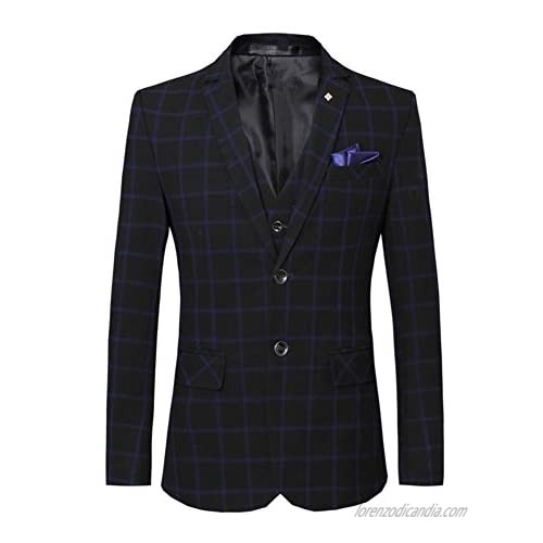 Men's Elegant Slim Fit Plaid Two Buttons Suit Blazer Jacket Tux Vest & Trousers 3-Piece Suit Set