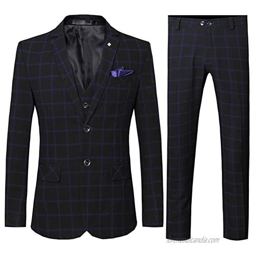 Men's Elegant Slim Fit Plaid Two Buttons Suit Blazer Jacket Tux Vest & Trousers 3-Piece Suit Set