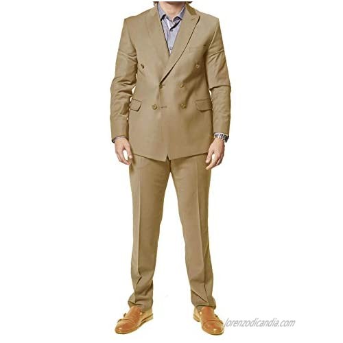Mens Fashion Double Breasted Suit Classic Regular Fit Pleated Pants Solid Color