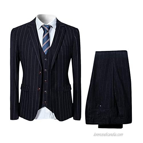 Mens Stripe Plaid Suit Set 3 Piece Slim Fit Formal 2 Button Tux Dress Suits